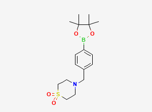 Two-dimensional chemical structure of 4-(4-(4,4,5,5-Tetramethyl-1,3,2-dioxaborolan-2-yl)benzyl)thiomorpholine 1,1-dioxide, CAS 1092563-25-1