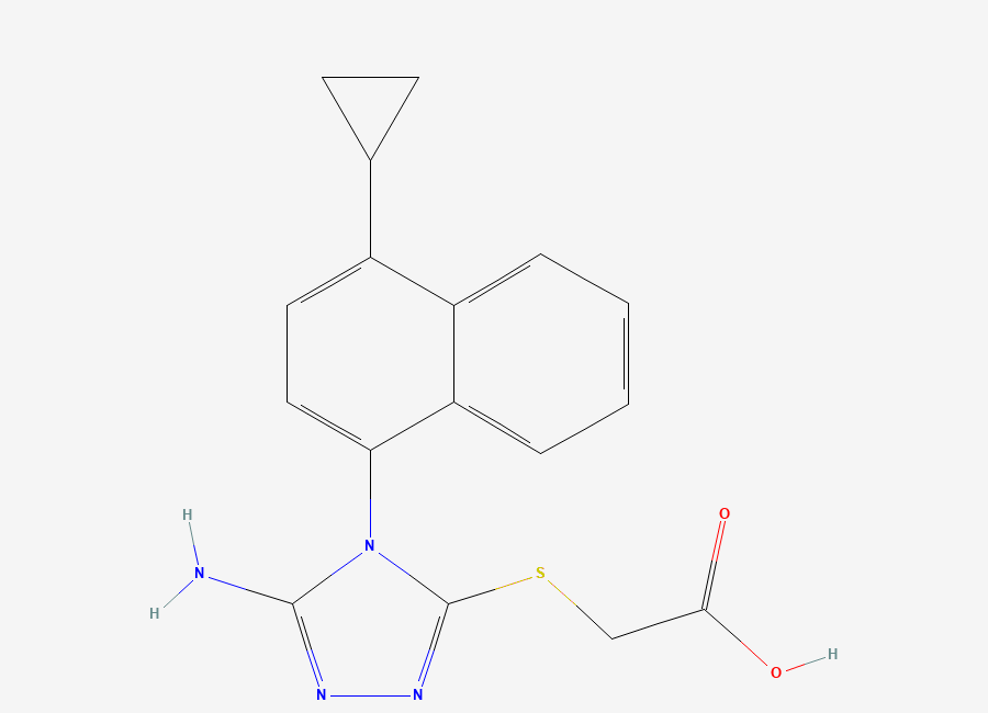 Two-dimensional chemical structure of 2-((5-amino-4-(4-Cyclopropylnaphthalen-1-yl)-4H-1,2,4-triazol-3-yl)thio)acetic acid, CAS 1158970-37-6