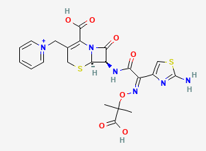 Two-dimensional chemical structure of (6R,7R)-7-[[(2Z)-2-(2-aminothiazol-4-yl)-2-(2-hydroxy-1,1-dimethyl-2-oxo-ethoxy)imino-acetyl]amino]-8-oxo-3-(pyridin-1-ium-1-ylmethyl)-5-thia-1-azabicyclo[4.2.0]oct-2-ene-2-carboxylic acid