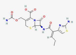 Two-dimensional chemical structure of (6R,7R)-7-[[(E)-2-(2-amino-1,3-thiazol-4-yl)pent-2-enoyl]amino]-3-(carbamoyloxymethyl)-8-oxo-5-thia-1-azabicyclo[4.2.0]oct-2-ene-2-carboxylic acid