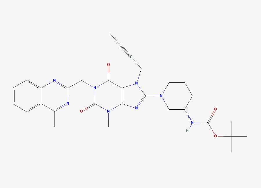 Two-dimensional chemical structure of Tert-butyl (s)-(1-(7-(but-2-yn-1-yl)-3-methyl-1-((4-methylquinazolin-2-yl)methyl)-2,6-dioxo-2,3,6,7-tetrahydro-1h-purin-8-yl)piperidin-3-yl)carbamate