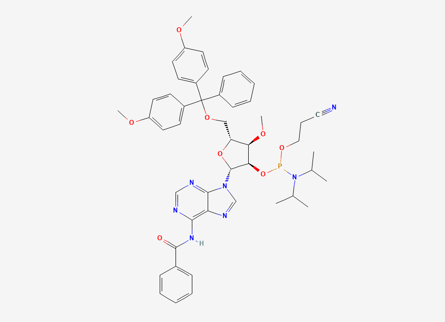 Two-dimensional chemical structure of (2R,3R,4R,5R)-2-(6-Benzamido-9H-purin-9-yl)-5-((bis(4-methoxyphenyl)(phenyl)methoxy)methyl)-4-methoxytetrahydrofuran-3-yl (2-cyanoethyl) diisopropylphosphoramidite