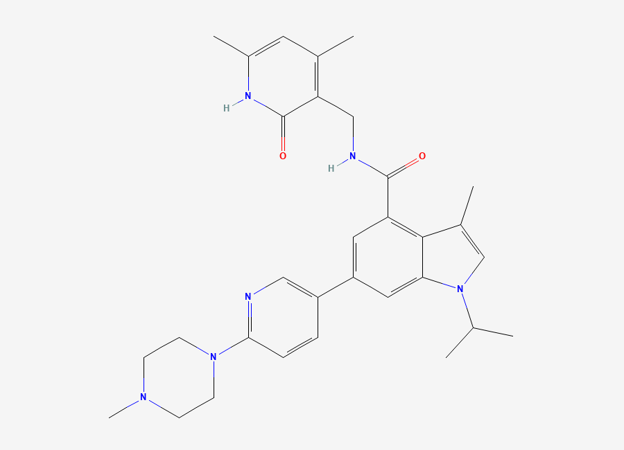 Two-dimensional chemical structure of N-((4,6-Dimethyl-2-oxo-1,2-dihydropyridin-3-yl)methyl)-1-isopropyl-3-methyl-6-(6-(4-methylpiperazin-1-yl)pyridin-3-yl)-1H-indole-4-carboxamide