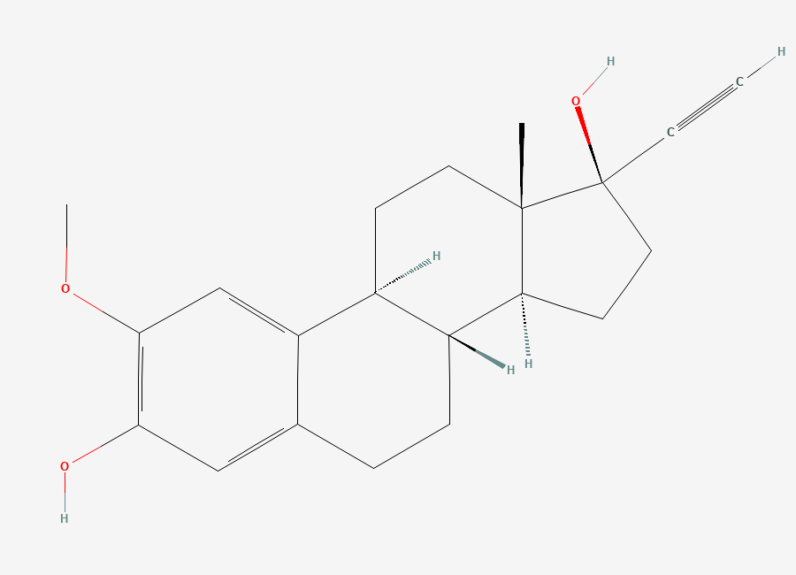 Two-dimensional chemical structure of 2-Methoxy-17α-ethynyl Estradiol, CAS 22415-44-7