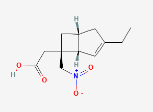 Two-dimensional chemical structure of 2-((1S,5R,6R)-3-ethyl-6-(nitromethyl)bicyclo[3.2.0]hept-3-en-6-yl)acetic acid, CAS 1644251-41-1