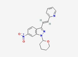 Two-dimensional chemical structure of 6-Nitro-3-((1E)-2-(2-pyridinyl)ethenyl)-1-(tetrahydro-2H-pyran-2-yl)-1H-indazole