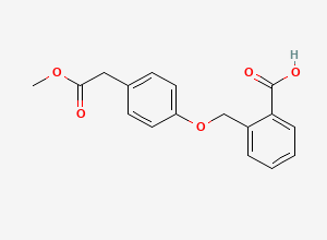 Two-dimensional chemical structure of 2-((4-(2-methoxy-2-oxoethyl)phenoxy)methyl)benzoic acid, CAS 55690-18-1