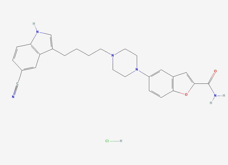 Two-dimensional chemical structure of 2-benzofurancarboxamide, 5-(4-(4-(5-cyano-1H-indol-3-yl)butyl)-1-piperazinyl)-, hydrochloride (1:1)