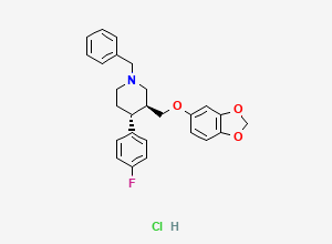 Two-dimensional chemical structure of (-)(3S,4R)-4-(4-fluorophenyl)-3-(3,4-methylenedioxy-phenoxymethyl)-N-benzylpiperidine hydrochloride