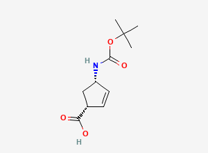 Two-dimensional chemical structure of (1R,4S)-(+)-4-(Boc-amino)-2-cyclopentene-1-carboxylic acid