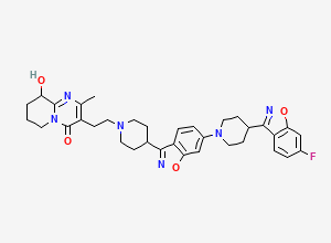 Two-dimensional chemical structure of 3-[2-[4-[6-[4-(6-Fluoro-1,2-benzoxazol-3-yl)piperidin-1-yl]-1,2-benzoxazol-3-yl]piperidin-1-yl]ethyl]-9-hydroxy-2-methyl-6,7,8,9-tetrahydropyrido[1,2-a]pyrimidin-4-one