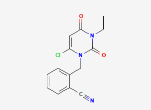 Two-dimensional chemical structure of 2-((6-chloro-3-ethyl-2,4-dioxo-3,4-dihydropyrimidin-1(2H)-yl)methyl)benzonitrile, CAS 1430222-06-2