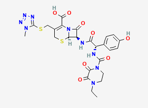 Two-dimensional chemical structure of (6R,7R)-7-(((2S)-2-(((4-Ethyl-2,3-dioxo-1-piperazinyl)carbonyl)amino)-2-(4-hydroxyphenyl)acetyl)amino)-3-(((1-methyl-1H-tetrazol-5-yl)thio)methyl)-8-oxo-5-thia-1-azabicyclo(4.2.0)oct-2-ene-2-carboxylic acid