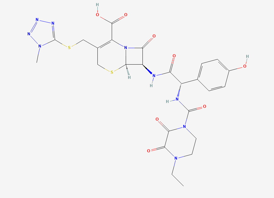 Two-dimensional chemical structure of (6R,7R)-7-(((2S)-2-(((4-Ethyl-2,3-dioxo-1-piperazinyl)carbonyl)amino)-2-(4-hydroxyphenyl)acetyl)amino)-3-(((1-methyl-1H-tetrazol-5-yl)thio)methyl)-8-oxo-5-thia-1-azabicyclo(4.2.0)oct-2-ene-2-carboxylic acid