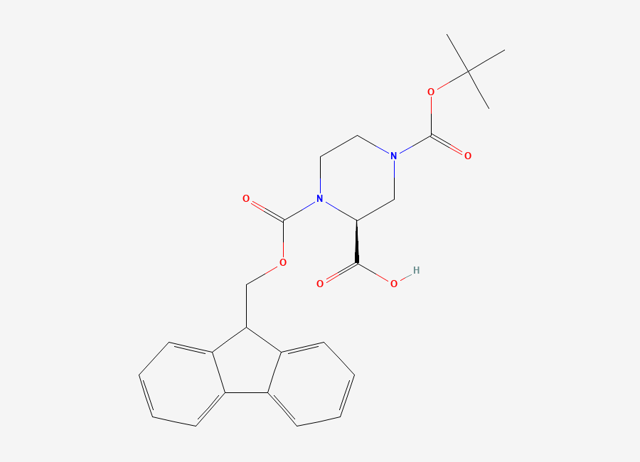 Two-dimensional chemical structure of (S)-1-(((9H-Fluoren-9-yl)methoxy)carbonyl)-4-(tert-butoxycarbonyl)piperazine-2-carboxylic acid