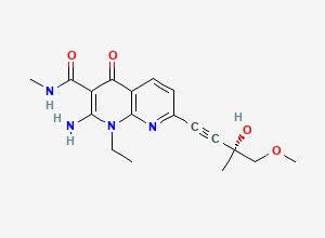 Two-dimensional chemical structure of (R)-2-amino-1-ethyl-7-(3-hydroxy-4-methoxy-3-methylbut-1-yn-1-yl)-N-methyl-4-oxo-1,4-dihydro-1,8-naphthyridine-3-carboxamide