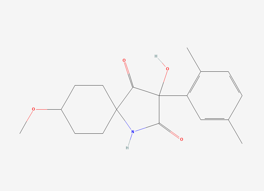 Two-dimensional chemical structure of 3-(2,5-Dimethylphenyl)-3-hydroxy-8-methoxy-1-azaspiro(4.5)decane-2,4-dione