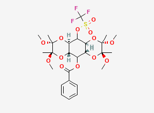 Two-dimensional chemical structure of 1,6:3,4-Bis-[O-(2,3-dimethoxybutane-2,3-diyl)]-2-O-trifluoromethanesulphonyl-5-O-benzolyl-myo-inosito, CAS 1068089-34-8