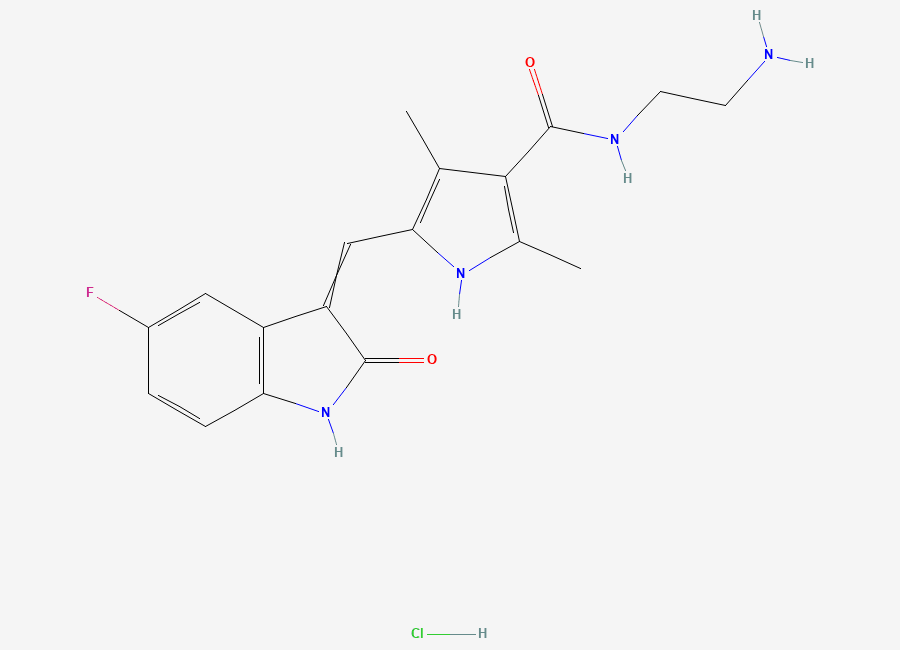 Two-dimensional chemical structure of N-(2-Aminoethyl)-5-((5-fluoro-2-oxoindolin-3-ylidene)methyl)-2,4-dimethyl-1H-pyrrole-3-carboxamide hydrochloride