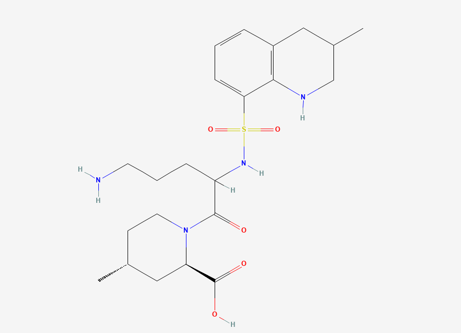 Two-dimensional chemical structure of (2R,4R)-1-(5-Amino-2-((3-methyl-1,2,3,4-tetrahydroquinoline)-8-sulfonamido)pentanoyl)-4-methylpiperidine-2-carboxylic acid