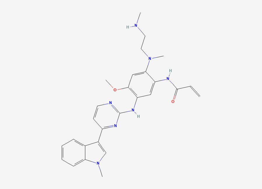 Two-dimensional chemical structure of N-(4-methoxy-2-(methyl(2-(methylamino)ethyl)amino)-5-((4-(1-methyl-1H-indol-3-yl)pyrimidin-2-yl)amino)phenyl)acrylamide, CAS 1421373-99-0