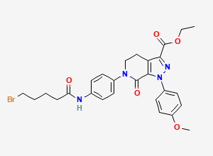 Two-dimensional chemical structure of Apixaban Related Compound G / Ethyl 6-(4-(5-bromopentanamido)phenyl)-1-(4-methoxyphenyl)-7-oxo-4,5,6,7-tetrahydro-1H-pyrazolo[3,4-c]pyridine-3-carboxylate, CAS 881386-12-5