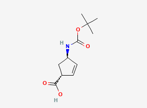 Two-dimensional chemical structure of (1R,4R)-4-[[(1,1-dimethylethoxy)carbonyl]amino]-2-cyclopentene-1-carboxylic acid