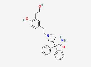 Two-dimensional chemical structure of 2-[1-[2-[4-Hydroxy-3-(2-hydroxyethyl)phenyl]ethyl]pyrrolidin-3-yl]-2,2-diphenylacetamide, CAS 215032-24-9