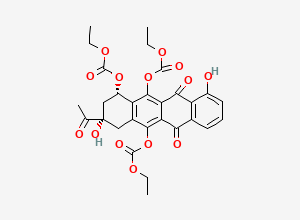 Two-dimensional chemical structure of 6,10,11-Triethylcarbonate-1-demethyl Daunomycinone, CAS 67665-62-7