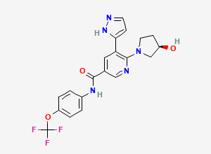 Two-dimensional chemical structure of (R)-6-(3-Hydroxypyrrolidin-1-yl)-5-(1H-pyrazol-3-yl)-N-(4-(trifluoromethoxy)phenyl)nicotinamide, CAS 1492952-55-2