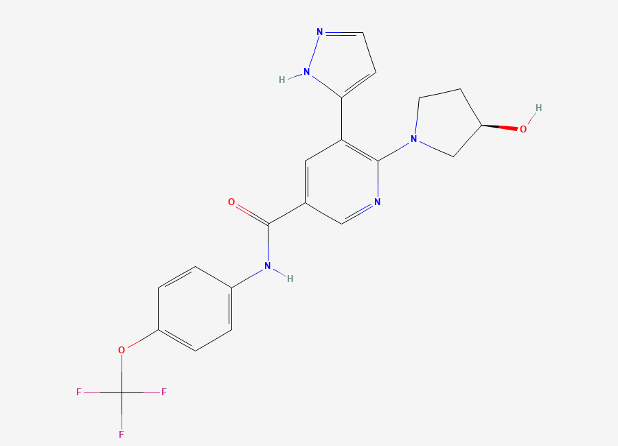 Two-dimensional chemical structure of (R)-6-(3-Hydroxypyrrolidin-1-yl)-5-(1H-pyrazol-3-yl)-N-(4-(trifluoromethoxy)phenyl)nicotinamide, CAS 1492952-55-2