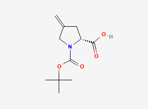 Two-dimensional chemical structure of (R)-1-(Tert-butoxycarbonyl)-4-methylenepyrrolidine-2-carboxylic acid