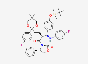 Two-dimensional chemical structure of (4S)-3-[(2R)-2-[(S)-[4-[tert-butyl(dimethyl)silyl]oxyphenyl]-(4-fluoroanilino)methyl]-4-[2-(4-fluorophenyl)-5,5-dimethyl-1,3-dioxan-2-yl]butanoyl]-4-phenyl-1,3-oxazolidin-2-one