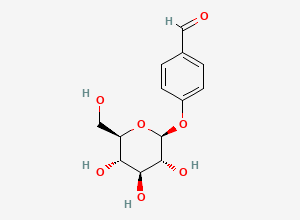 Two-dimensional chemical structure of 4-(((2S,3R,4S,5S,6R)-3,4,5-Trihydroxy-6-(hydroxymethyl)tetrahydro-2H-pyran-2-yl)oxy)benzaldehyde