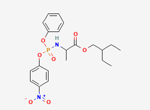 Two-dimensional chemical structure of N-[(S)-(4-Nitrophenoxy)phenoxyphosphinyl]-L-Alanine 2-ethylbutyl ester, CAS 1354823-36-1