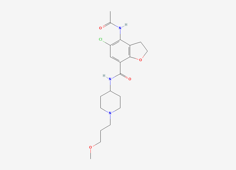 Two-dimensional chemical structure of Prucalopride Succinate Impurity - 3 / 4-acetamido-5-chloro-N-(1-(3-methoxypropyl)piperidin-4-yl)-2,3-dihydrobenzofuran-7-carboxamide, CAS 2181480-01-1