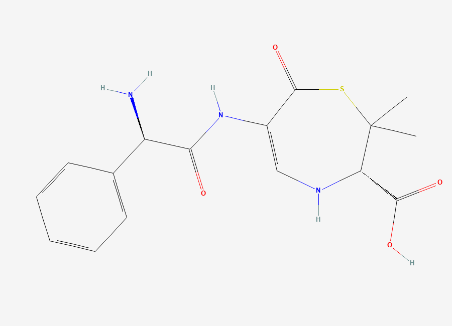 Two-dimensional chemical structure of (S)-6-((R)-2-Amino-2-phenylacetamido)-2,2-dimethyl-7-oxo-2,3,4,7-tetrahydro-1,4-thiazepine-3-carboxylic acid