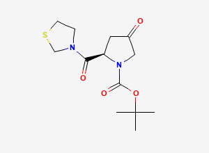 Two-dimensional chemical structure of 1-Pyrrolidinecarboxylic acid, 4-oxo-2-(3-thiazolidinylcarbonyl)-, 1,1-dimethylethyl ester, (2R)-