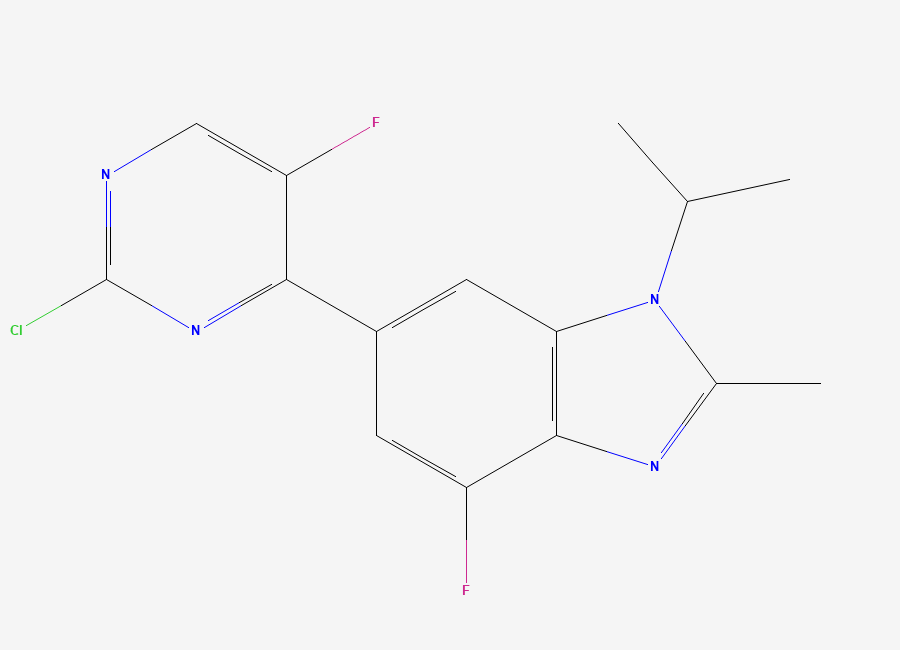 Two-dimensional chemical structure of 1H-Benzimidazole, 6-(2-chloro-5-fluoro-4-pyrimidinyl)-4-fluoro-2-methyl-1-(1-methylethyl), CAS 1231930-42-9
