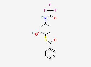 Two-dimensional chemical structure of S-[(1R,2R,4R)-2-hydroxy-4-[(2,2,2-trifluoroacetyl)amino]cyclohexyl] benzenecarbothioate