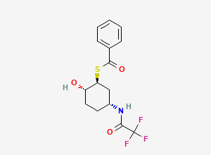 Two-dimensional chemical structure of S-[(1S,2S,5R)-2-hydroxy-5-[(2,2,2-trifluoroacetyl)amino]cyclohexyl] benzenecarbothioate