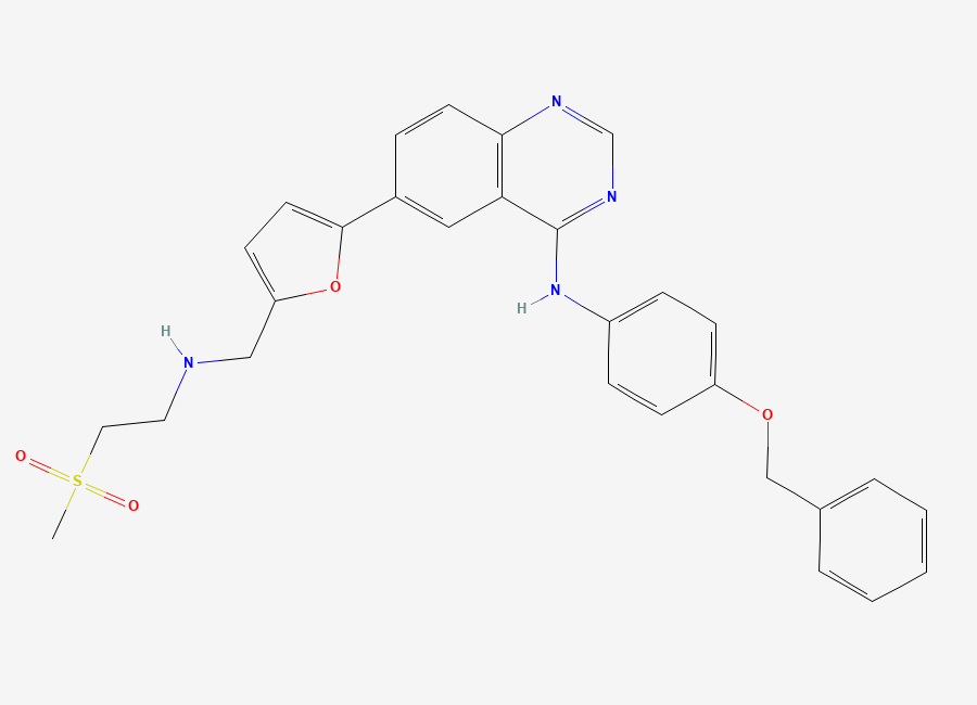 Two-dimensional chemical structure of N-(4-(benzyloxy)phenyl)-6-(5-((2-(methylsulfonyl)ethylamino)methyl)furan-2-yl)quinazolin-4-amine