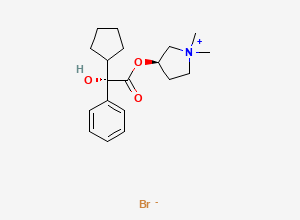 Two-dimensional chemical structure of Pyrrolidinium, 3-(((2S)-cyclopentylhydroxyphenylacetyl)oxy)-1,1-dimethyl-, bromide, (3R)-
