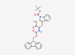 Two-dimensional chemical structure of (2S)-3-{1-[(tert-butoxy)carbonyl]-1H-indol-3-yl}-2-({[(9H-fluoren-9-yl)methoxy]carbonyl}amino)propanoic acid
