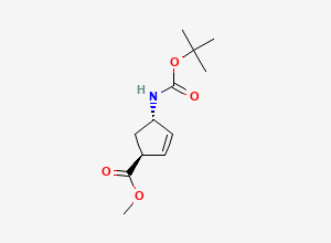 Two-dimensional chemical structure of (1S,4S)-4-(tert-Butyloxycarbonylamino)-2-cyclopentene-1-carboxylic acid methyl ester, CAS 298716-04-8