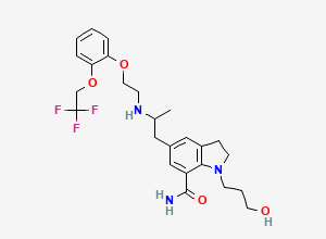 Two-dimensional chemical structure of 1-(3-Hydroxypropyl)-5-(2-((2-(2-(2,2,2-trifluoroethoxy)phenoxy)ethyl)amino)propyl)-2,3-dihydro-1H-indole-7-carboxamide