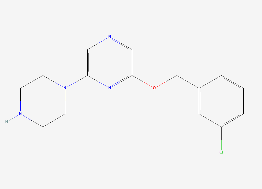 Two-dimensional chemical structure of 2-(3-Chlorobenzyloxy)-6-(piperazin-1-yl)pyrazine
