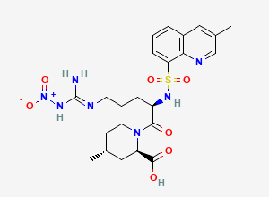 Two-dimensional chemical structure of (2R,4R)-1-[(2R)-5-[[amino(nitramido)methylidene]amino]-2-[(3-methylquinolin-8-yl)sulfonylamino]pentanoyl]-4-methylpiperidine-2-carboxylic acid