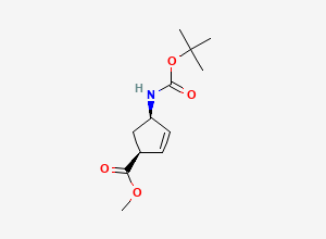 Two-dimensional chemical structure of methyl (1S,4R)-4-(((tert-butoxy)carbonyl)amino)cyclopent-2-ene-1-carboxylate, CAS 168683-02-1