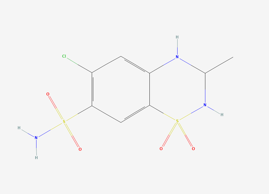 Two-dimensional chemical structure of 6-chloro-3-methyl-1,1-dioxo-3,4-dihydro-2H-1lambda6,2,4-benzothiadiazine-7-sulfonamide